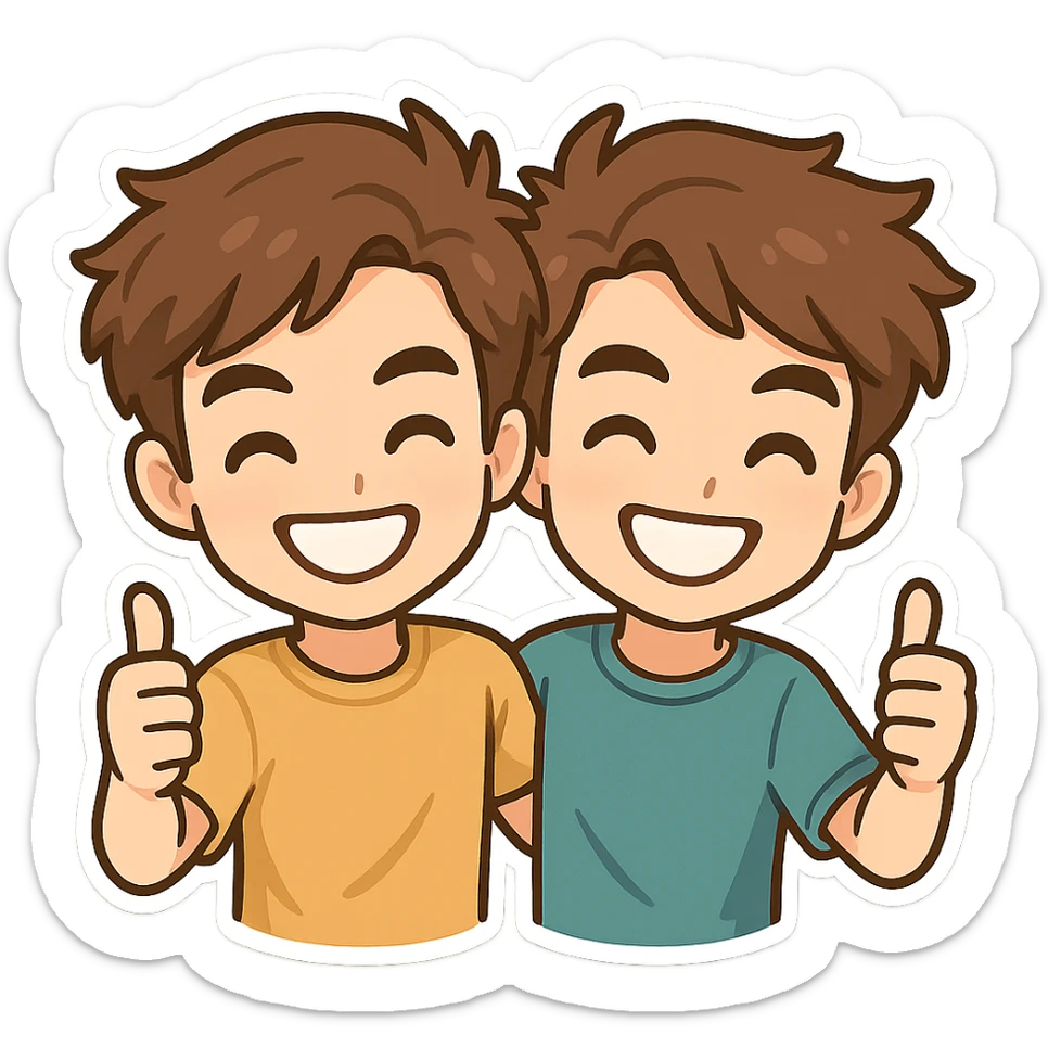 cartoon-style emoji of the Stokes Twins, two identical young men with brown hair, smiling, wearing casual clothes, friendly and energetic vibe sticker