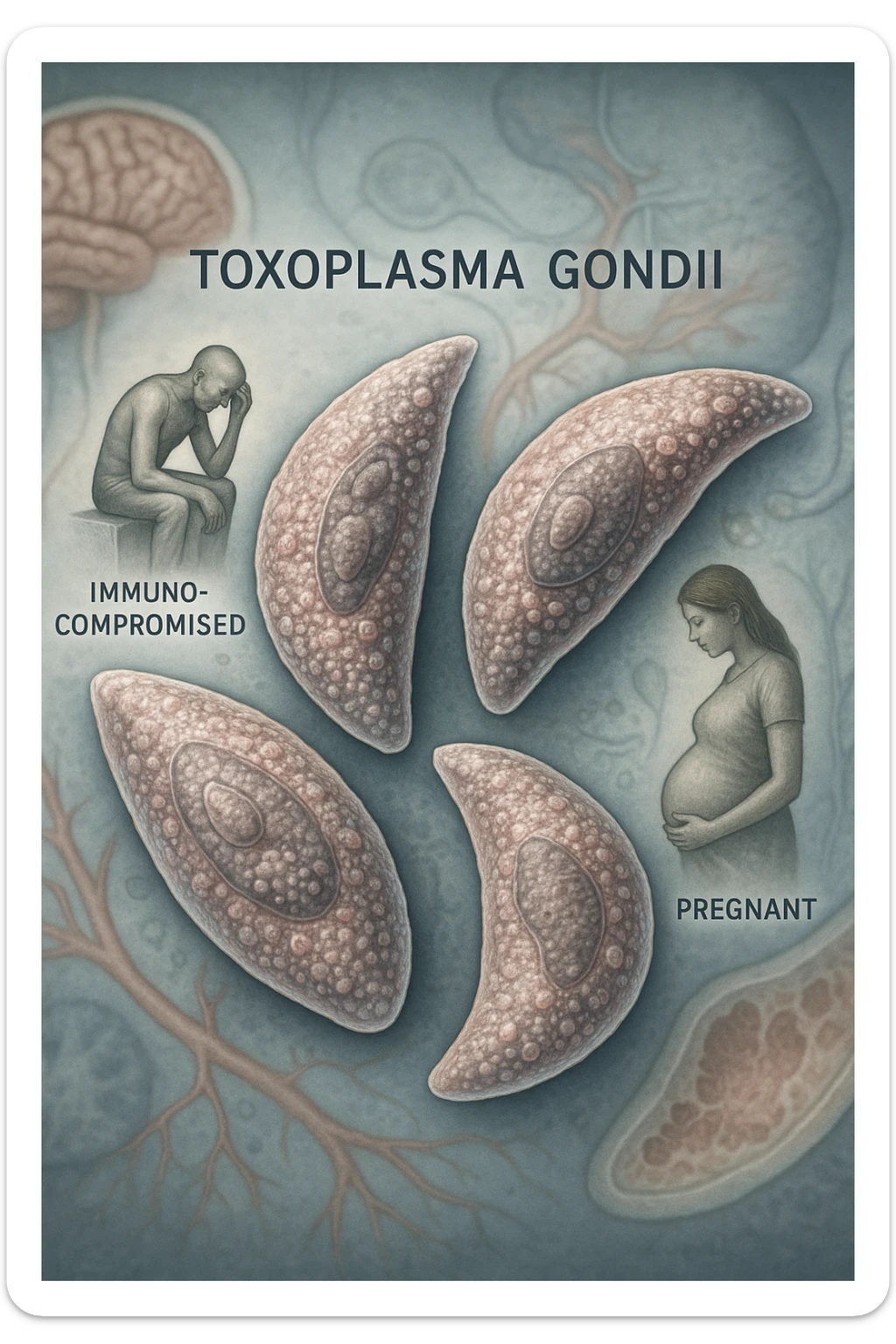 Toxoplasma gondii, infetta uomo immunodepresso e donne incinta. Causando gravi problemi tutto scritto in italiano immagine realistica sticker