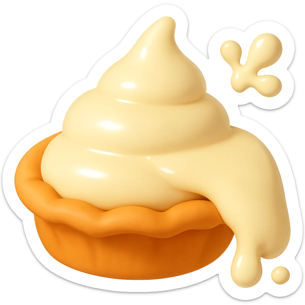 Add a cream drip on the right-hand side of the pie, and add 1 or 2 small cream splatters in the top right corner, matching the playful 3D emoji style, golden brown crust, and transparent background. Keep the main cream part intact and the angle consistent. sticker