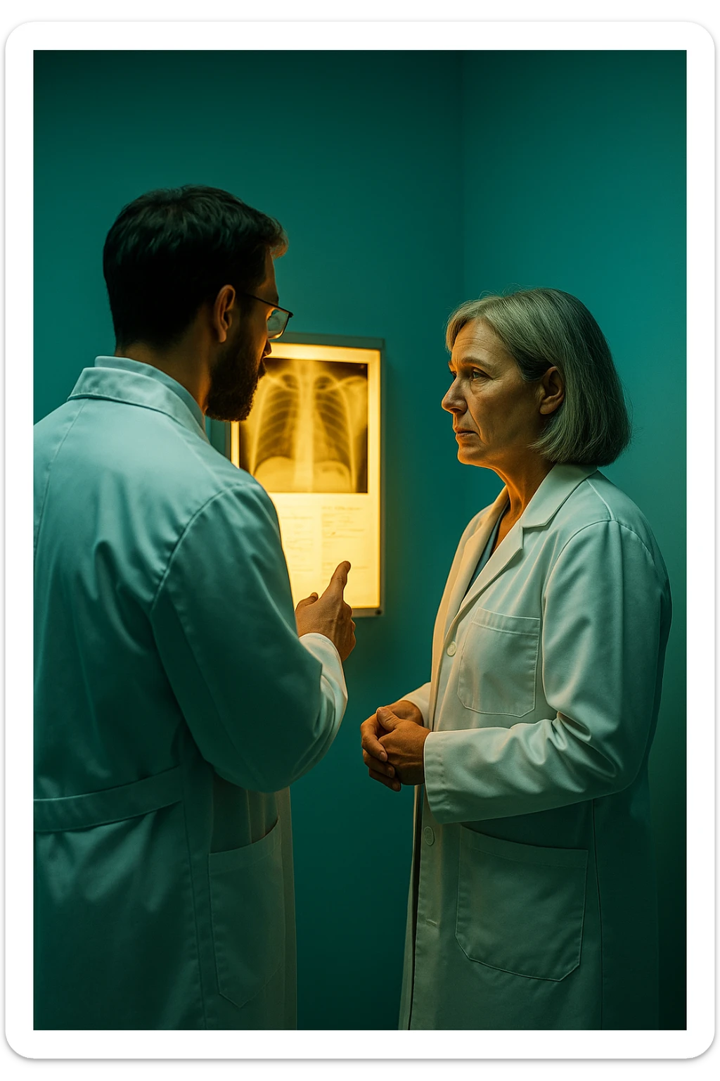 Realistic, detailed photo taken from behind of two doctors—a bearded man and a middle-aged woman—standing and facing each other as they discuss a diagnosis in front of a medical chart. The scene is illuminated by a yellowish, orange, warm light that softly envelops the doctors. The entire room is bathed in a single green-blue color, creating a cohesive and modern atmosphere. Both doctors wear white coats, and their body language suggests a serious, professional conversation. Shot with a Canon EOS R5, with high detail and natural depth of field. sticker