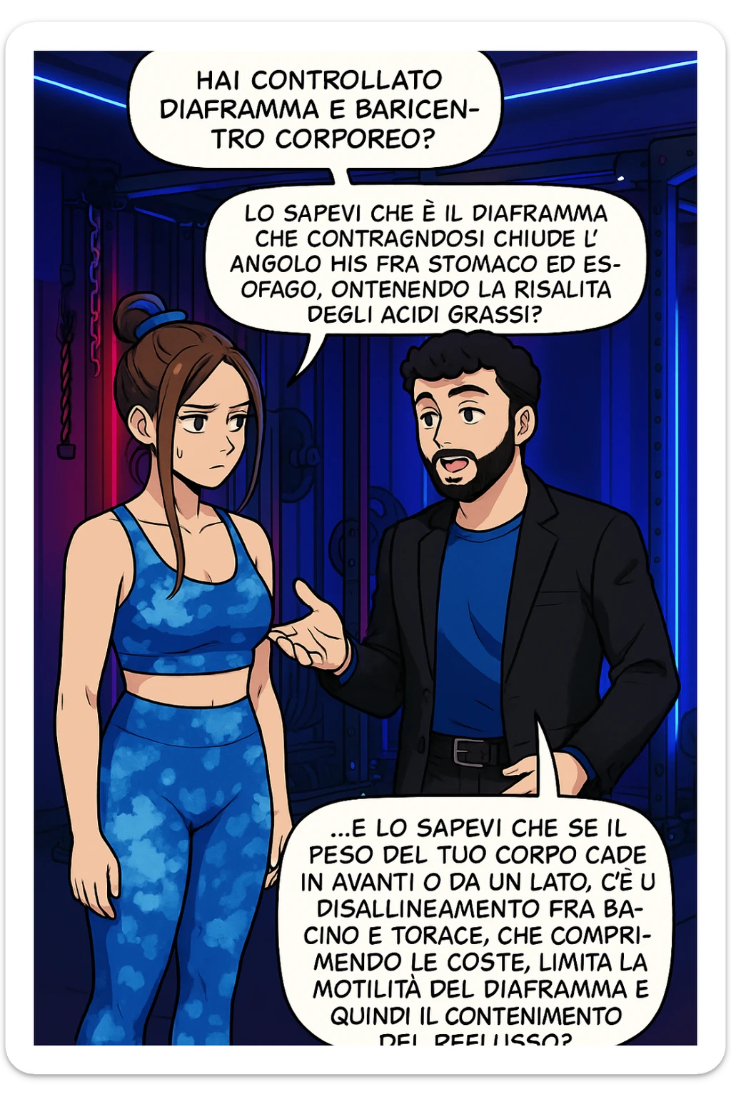 TRASFORMA QUESTO CAROSELLO IN UN FUMETTO STILE WEBTOON/MANGA A COLORI CON QUESTE DUE PERSONE IDENTICHE CHE INTERLOQUISCONO TRA LORO, L'uomo sta spiegando alla donna questo concetto:

LUI (UOMO): Hai controllato diaframma e baricentro corporeo?
LUI (UOMO): Lo sapevi che è il diaframma che contraendosi chiude l’angolo his fra stomaco ed esofago, contenendo la risalita degli acidi grassi?
LUI (UOMO): …e lo sapevi che se il peso del tuo corpo cade in avanti o da un lato, c’è un disallineamento fra bacino e torace, che comprimendo le coste, limita la motilità del diaframma e quindi il contenimento del reflusso? sticker