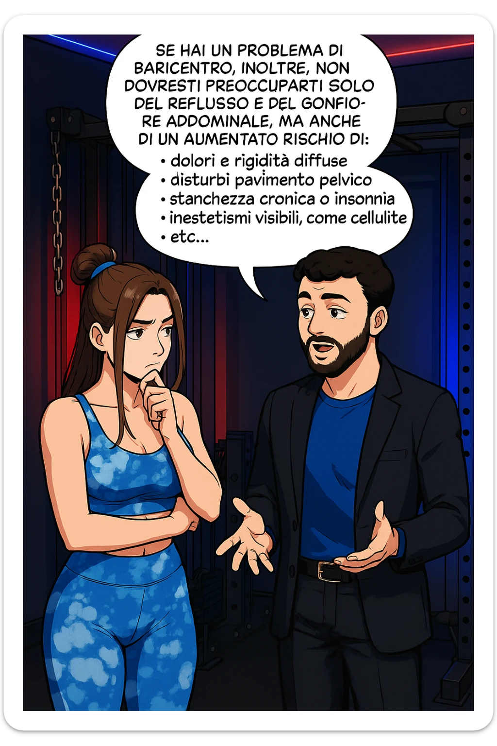 TRASFORMA QUESTO CAROSELLO IN UN FUMETTO STILE WEBTOON/MANGA A COLORI CON QUESTE DUE PERSONE IDENTICHE CHE INTERLOQUISCONO TRA LORO, L'uomo sta spiegando alla donna questo concetto MENTRE LA DONNA SI TIENE L'INDICE SUL MENTO ASCOLTANDOLO PENSIEROSA:

Se hai un problema di baricentro, inoltre, non dovresti preoccuparti solo del reflusso e del gonfiore addominale, ma anche di un aumentato rischio di:
    • dolori e rigidità diffuse
    • disturbi pavimento pelvico
    • stanchezza cronica o insonnia
    • inestetismi visibili, come celluluite
    • etc… sticker