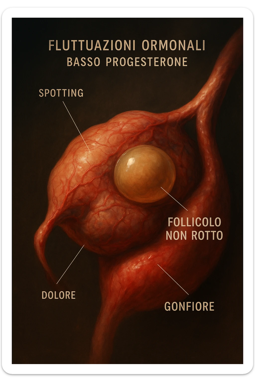 realistic and cinematic illustration of an ovary with an unruptured follicle, low progesterone, hormonal fluctuations, symptoms of spotting, pain and swelling, clinical details, captions in Italian sticker
