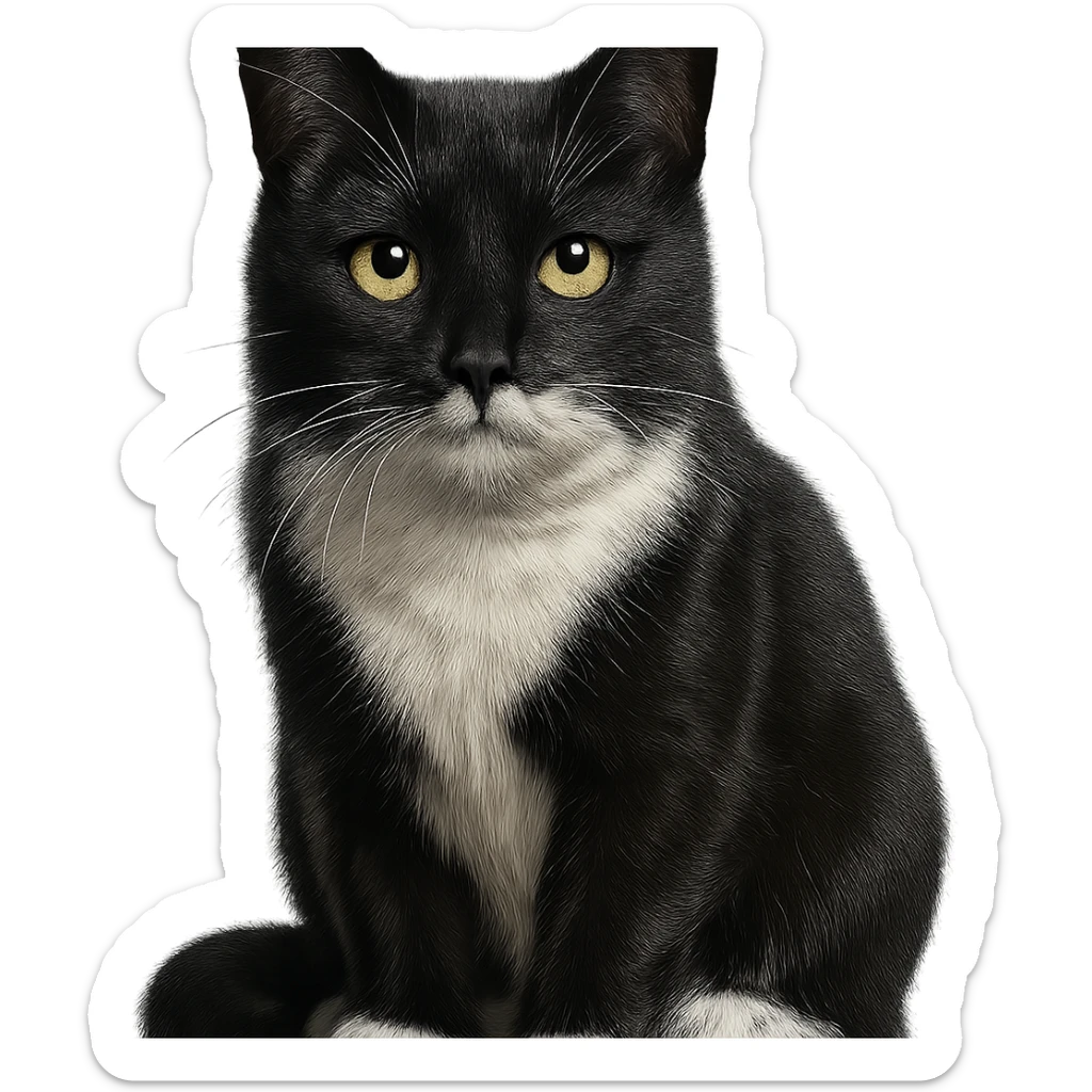 realistic tuxedo cat, detailed fur, lifelike eyes, photorealistic sticker
