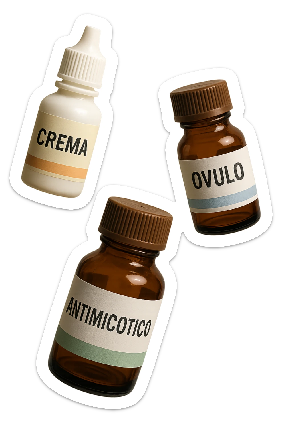 boccette di farmaci fluttuano in aria con le scritte: crema, ovulo o antimicotico in italiano sulle etichette, IPERREALISTICO 4K sticker