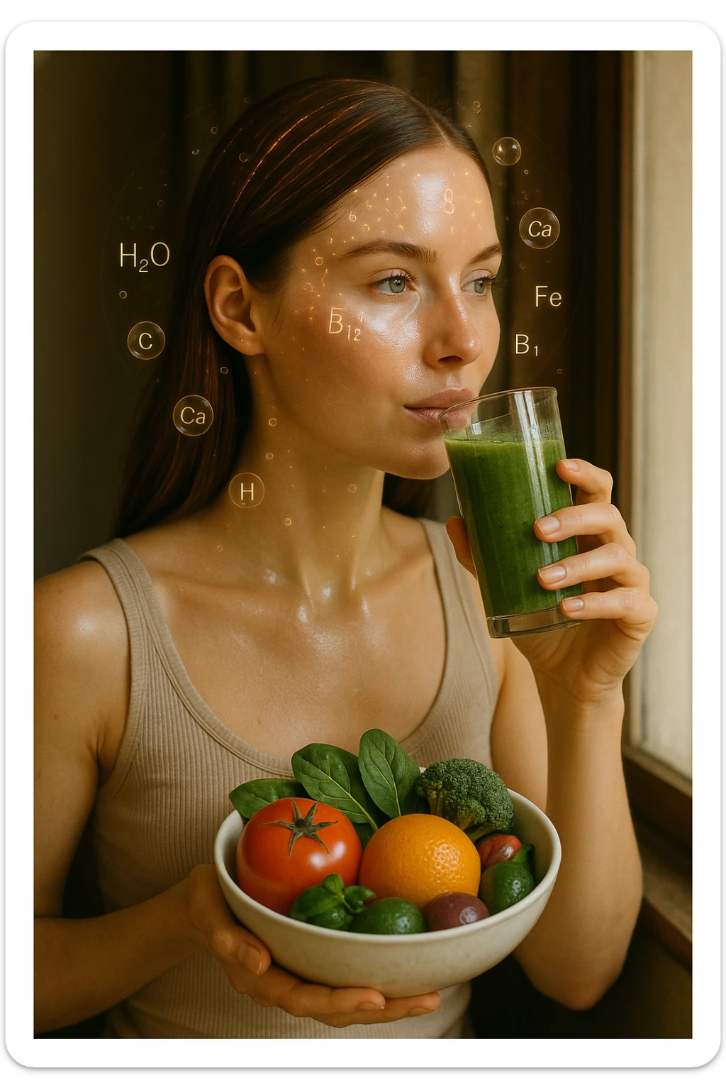 A highly realistic, cinematic portrait of a young woman in her late 20s with glowing, clear, healthy skin and a vibrant scalp with strong, shiny hair, symbolizing internal health reflecting outward. She has a calm, confident expression while sitting by a window with warm daylight softly illuminating her face, highlighting smooth, hydrated skin with a natural glow. Her hair appears clean, full, and strong, indicating a healthy scalp and balanced sebum production. She is drinking a glass of green smoothie rich in antioxidants and holding a bowl of colorful fruits and vegetables, symbolizing how internal nutrition supports skin and scalp health. Subtle, softly glowing overlays of molecular symbols for vitamins, minerals, and hydration molecules gently swirl around her, visually representing the concept of beauty and skin health from the inside out. Style: 35mm hyperrealistic film look, warm tones, soft depth of field, focusing on clear skin texture, healthy scalp, and vibrant hair to inspire holistic wellness sticker