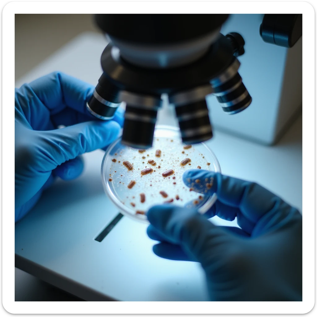 realistic close-up of slide with fecal sample and visible parasites under microscope, doctor's gloved hands sticker