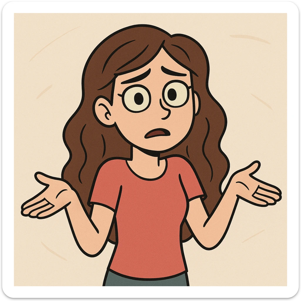 cartoon girl with long brown wavy hair, green eyes, shrugging, slightly confused expression, upper body, simple background sticker