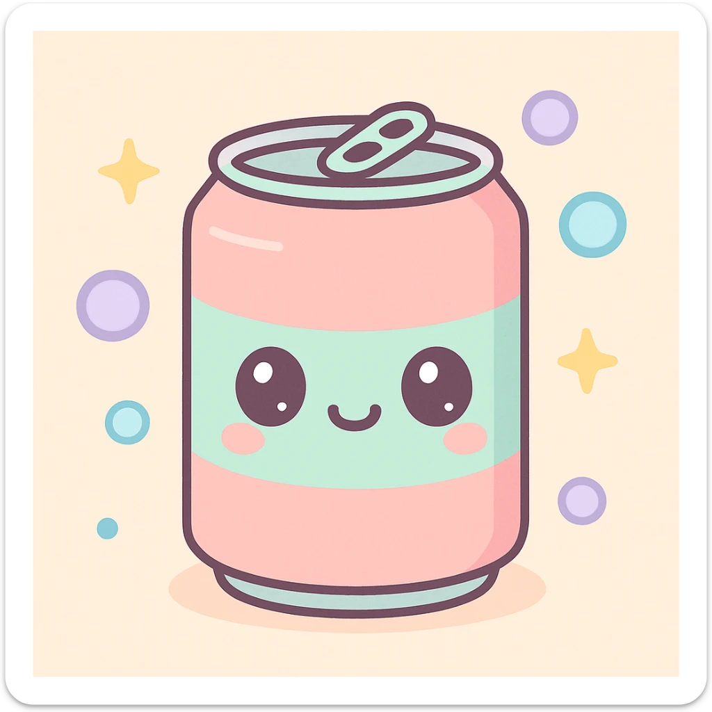 kawaii style soda can with a smiling face, pastel colors, and bubbles around it sticker