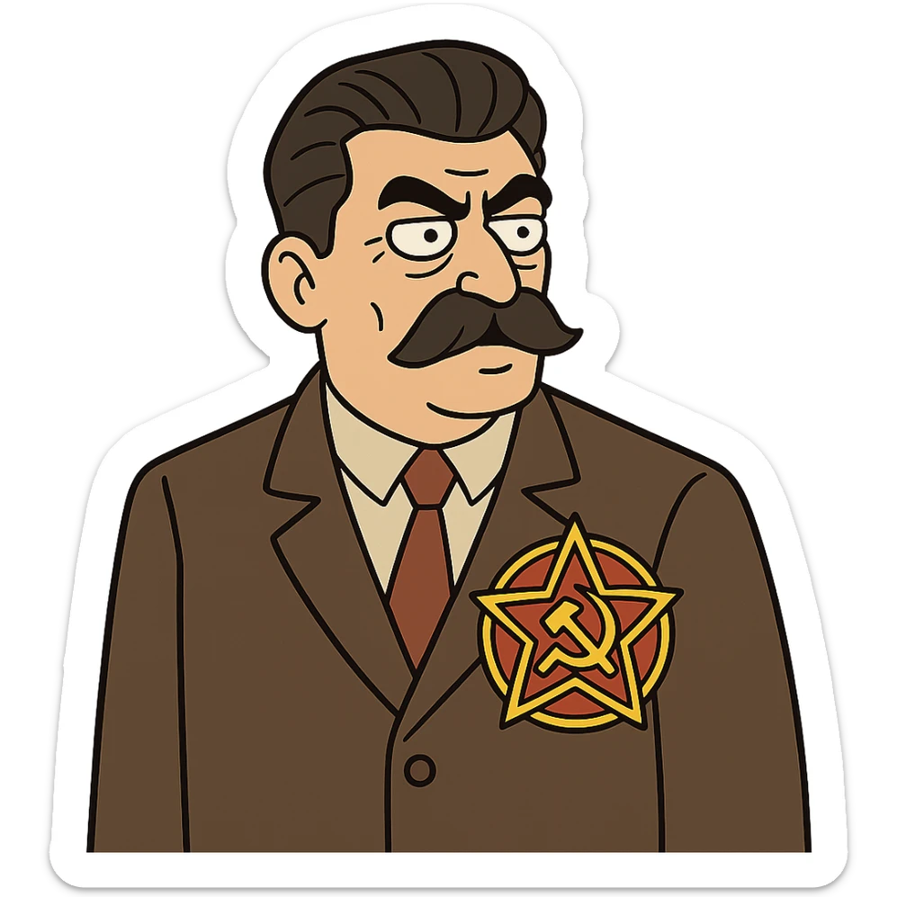 A cartoon image of Joseph Stalin wearing a suite with a large communist party badge sticker