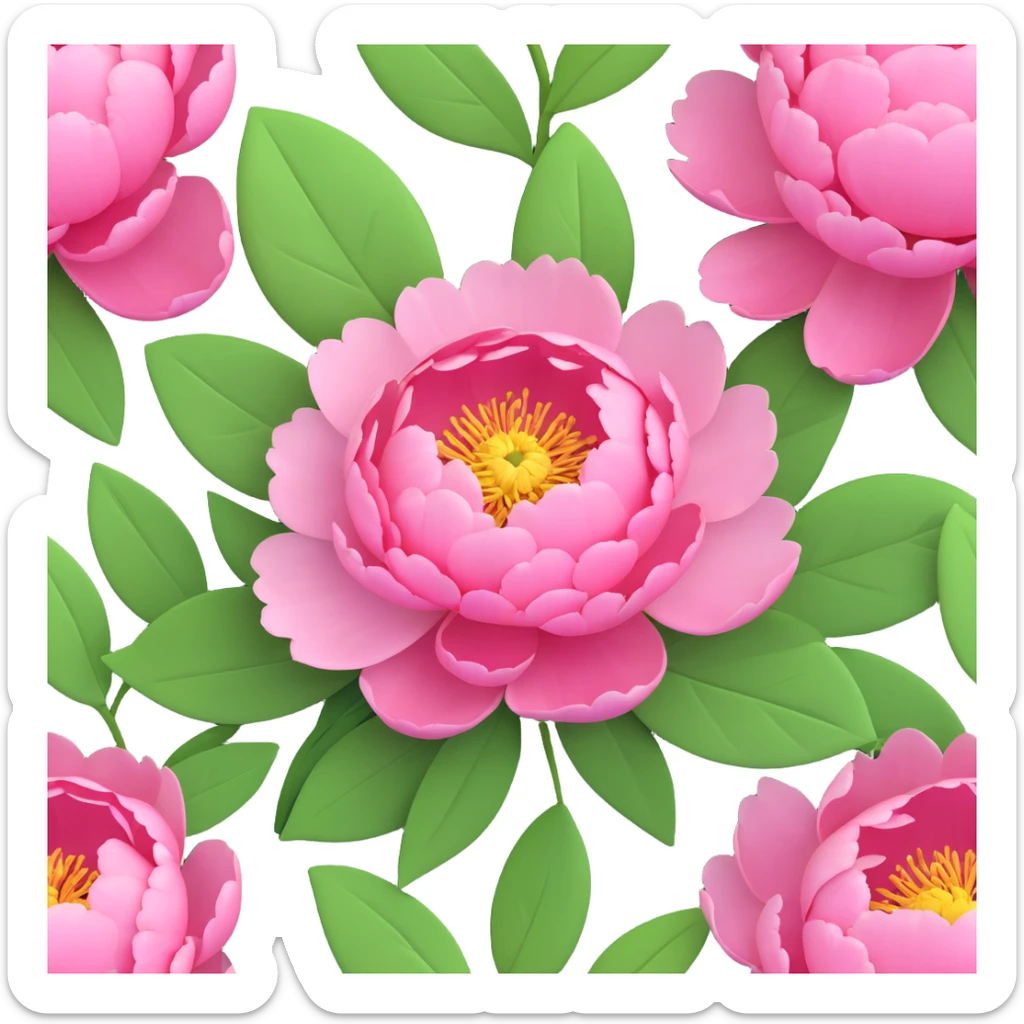 A pink peony flower in 3D iOS style with green leaves, detailed petals, and a soft, vibrant color scheme. sticker