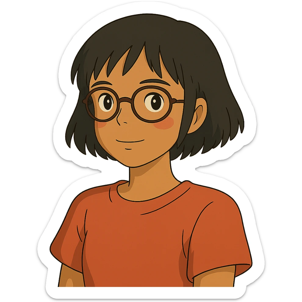 ghibli style Asian girl with tan skin, short black hair, and glasses sticker