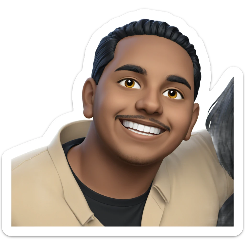 smiling male with black shirt sticker