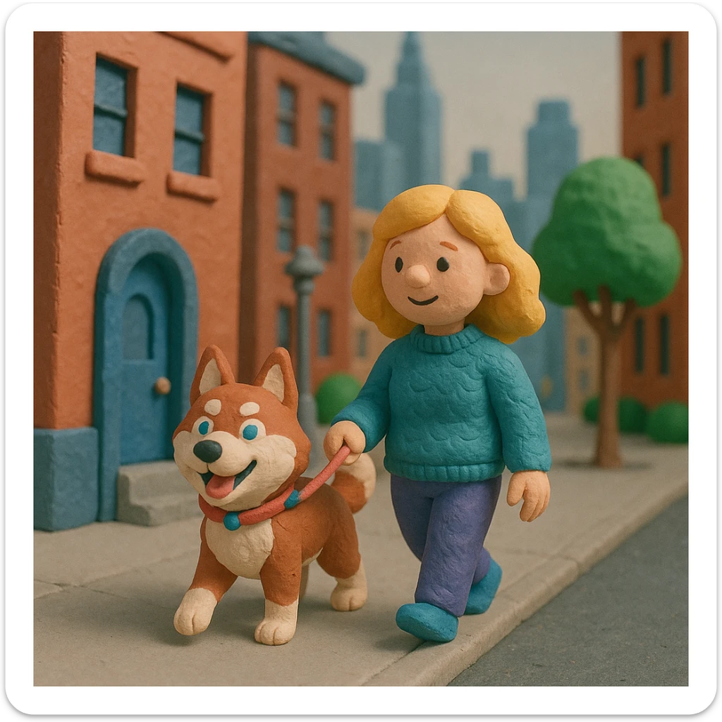 Cute Blonde woman wearing a sweater walking a happy red-brown blue-eyed Siberian husky in New York City on an upper east side city sidewalk  sticker