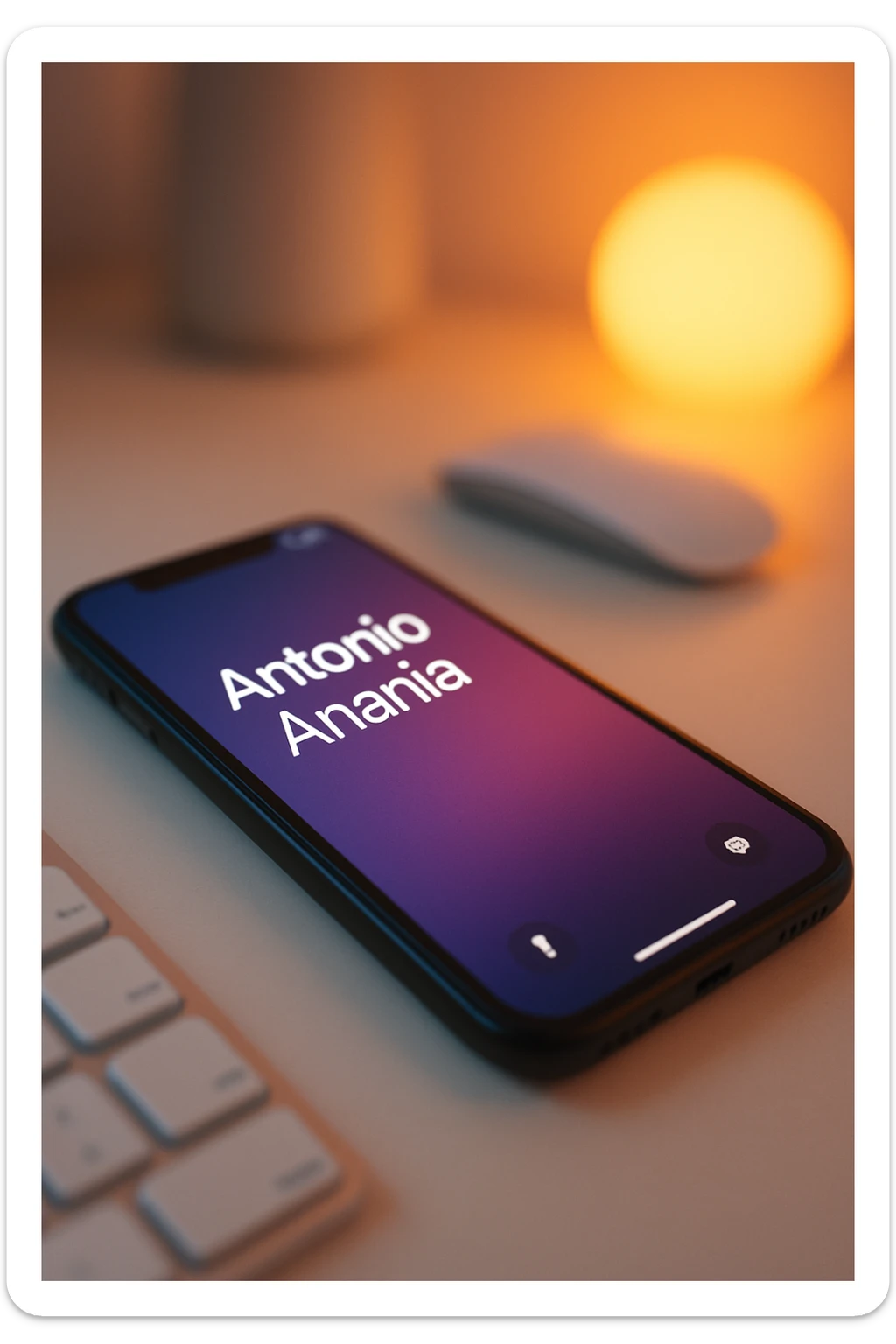 A photo of an iPhone on the desk with the message "Antonio Anania" on its screen, The phone sits atop a desk with a blurred background that suggests work environment. A faint glow from above casts gentle shadows across the surface of each object, creating depth and highlighting their textures sticker