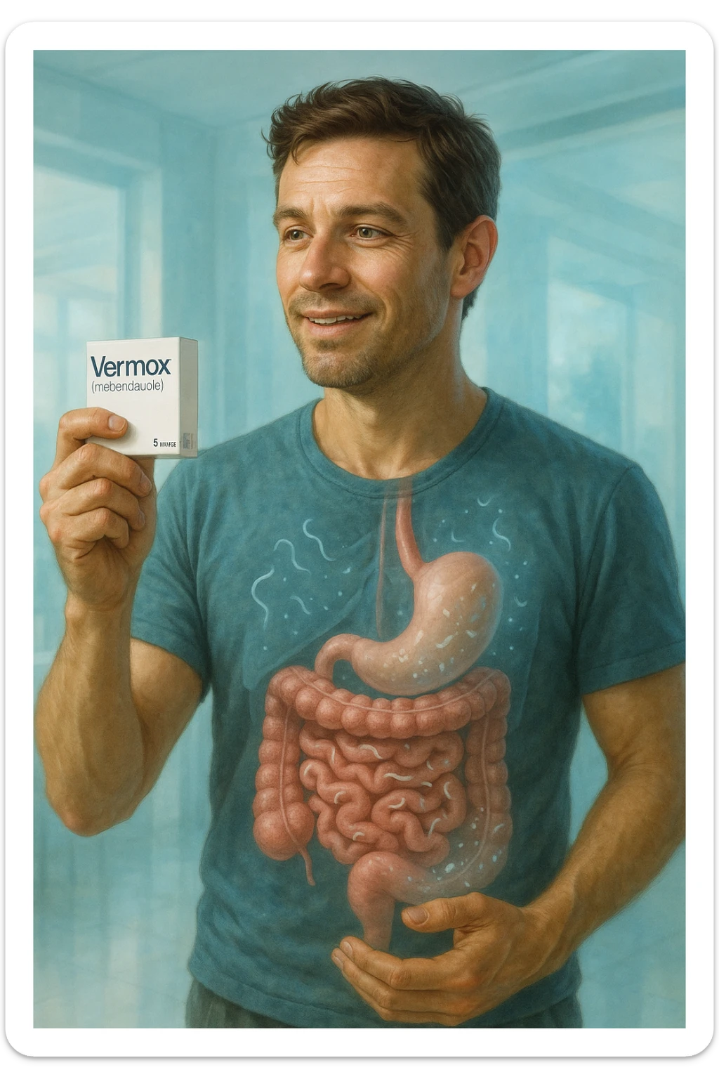 A realistic, cinematic illustration of a man in his late 30s holding a small white box of ‘Vermox’ (mebendazole) in one hand, with a relieved and hopeful expression on his face. Behind him, a semi-transparent overlay shows his digestive tract where small, symbolic worm-like parasites are dissolving and disappearing, indicating the medication’s effect. The environment is clean and bright, with a medical yet hopeful tone, conveying the concept of effective parasite removal. Subtle blue and green tones symbolize cleansing and health restoration, while the man appears energized and ready to reclaim his well-being sticker