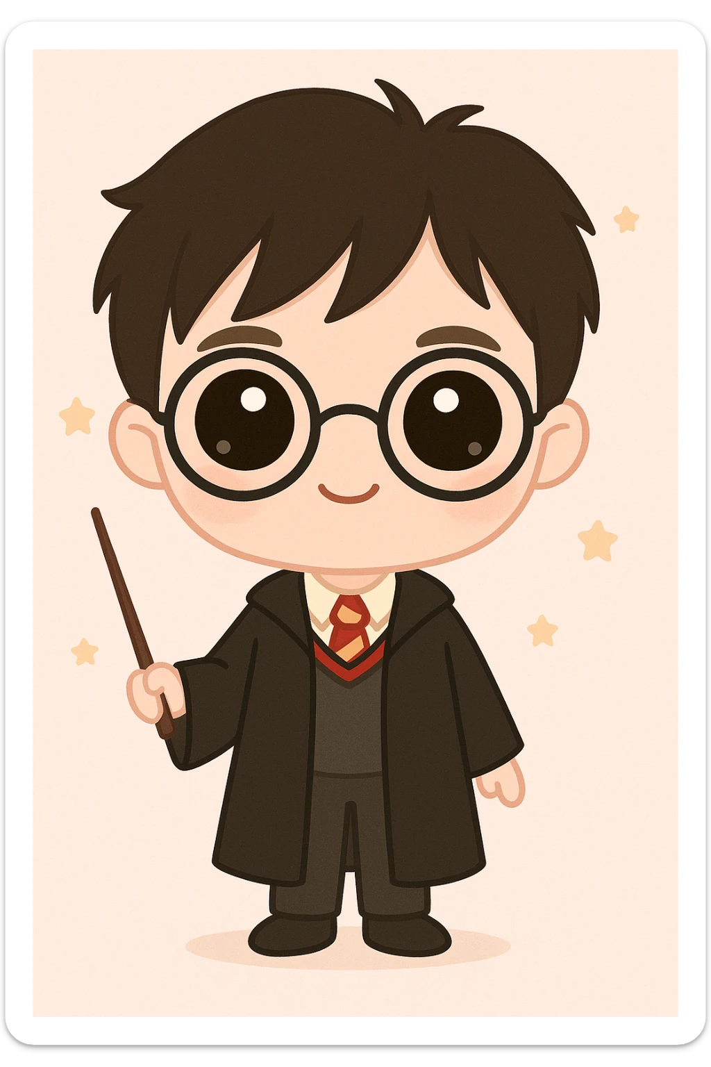 Complete the full body of the character Harry Potter in a cute cartoon style. Keep the Hogwarts uniform with a black robe, striped tie, black shoes, and holding a wand in hand. The style should be kawaii, colorful, and charming, emphasizing the magical and youthful essence of Harry Potter. sticker