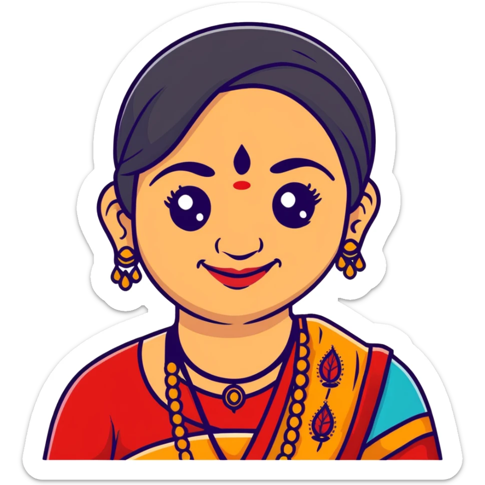 A cheerful Indian aunt (mausi) character with a plump face, smiling, wearing traditional Indian clothing and a bindi sticker