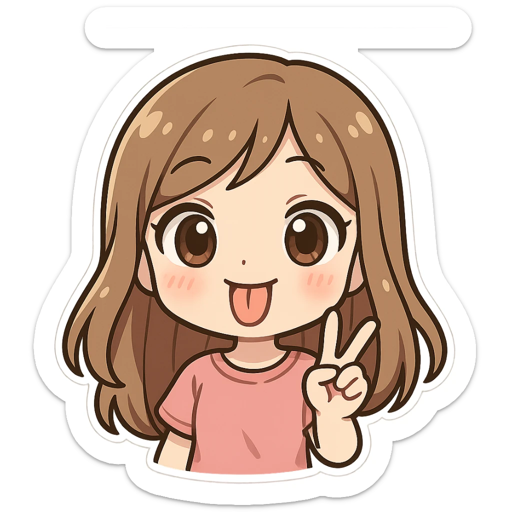 girly character sticking tongue out and showing peace hand sign, chibi style, big eyes, cheerful sticker