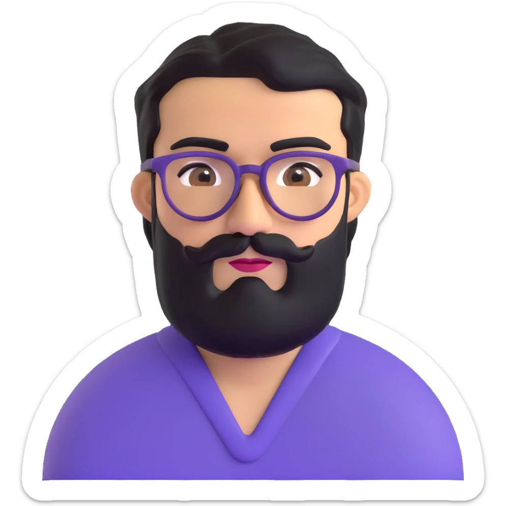 man with medium black beard, black hair, very prominent unibrow, olive tan skin, brown eyes, and glasses sticker