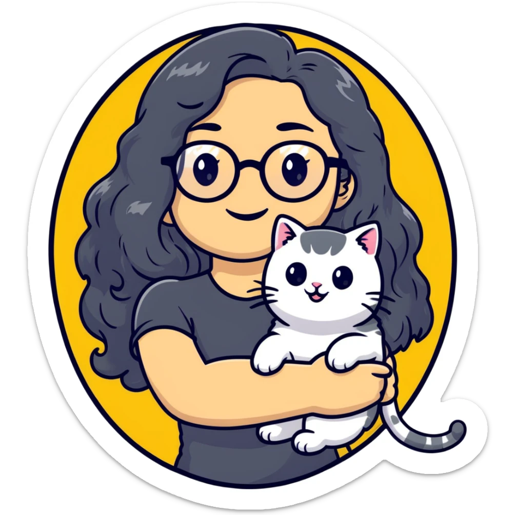 Young woman with warm yellow skin tone, oval face, long black wavy hair, thin-framed glasses, smiling while holding a grayish-white Munchkin cat with short legs and gray marking under its mouth sticker
