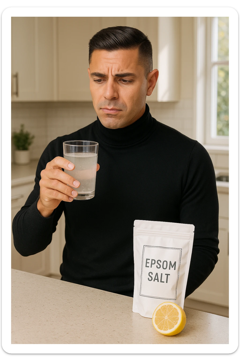 A realistic, bright photo-style image of a young man in his 30s standing in his kitchen, holding a clear glass filled with water in which Epsom salt (magnesium sulfate) has been dissolved. He looks focused but slightly uncertain as he prepares to drink it for a liver flush or digestive cleanse. The glass shows slight cloudiness from the dissolved salt. On the counter are a packet labeled 'Epsom Salt' and a sliced lemon, suggesting he might use it to mask the taste. The setting is clean, natural, and bright with neutral tones. The background shows sunlight streaming through a window, emphasizing a clean, minimalist health-focused environment. The mood conveys a realistic, calm moment of self-care with a hint of discomfort, illustrating a natural detox practice in italiano sticker