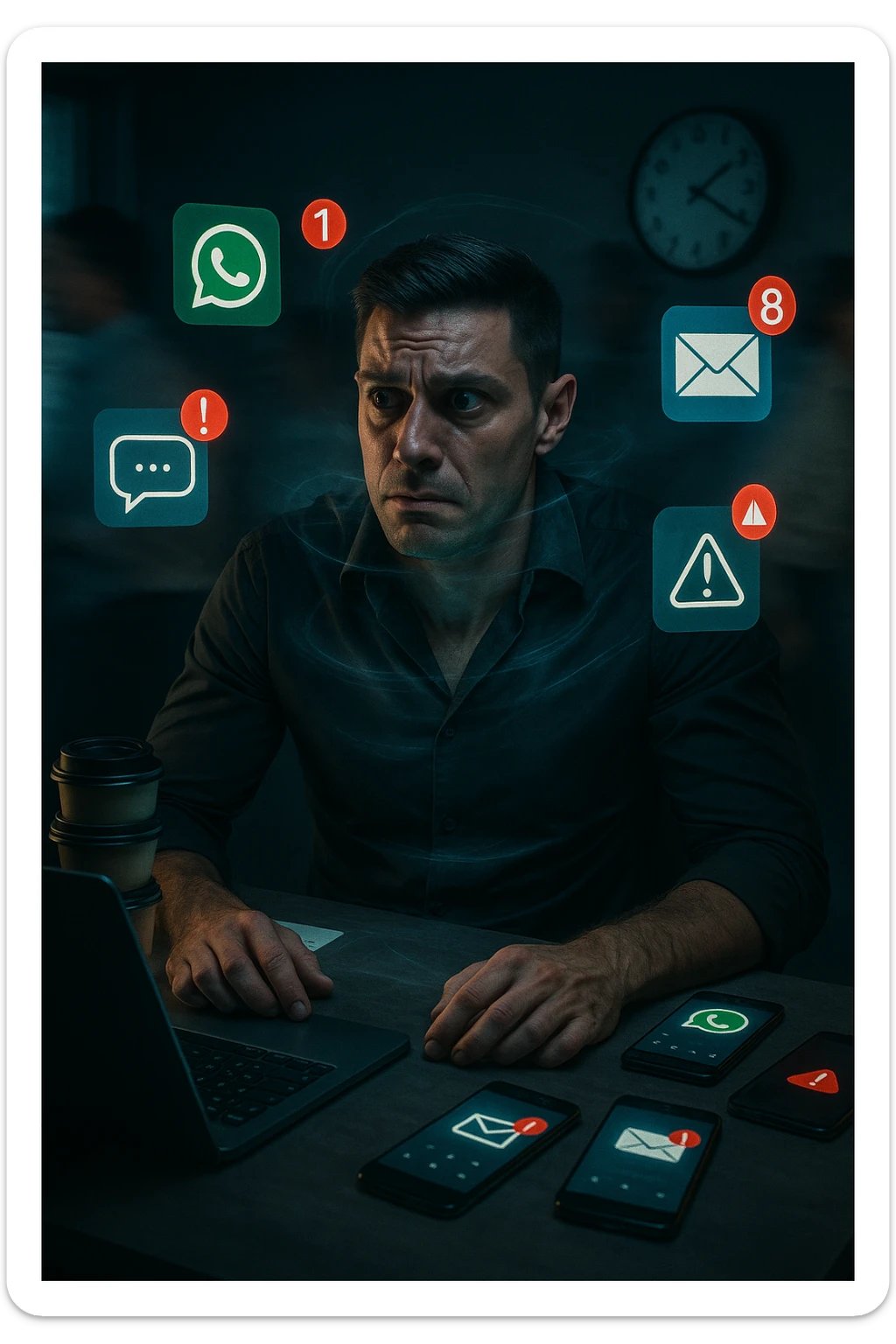 A highly realistic, cinematic portrait of a young man in his early 30s with a tired, tense expression, sitting at his modern office desk surrounded by multiple smartphones with glowing notification bubbles (WhatsApp, emails, alerts) hovering around him like aggressive neon icons. His posture is hunched, shoulders raised, eyes slightly wide, and jaw clenched, representing constant hyper-vigilance and stress. The environment is a cold, cluttered workspace with a laptop displaying endless emails and Slack notifications, coffee cups stacked nearby, and a clock showing late hours, symbolizing the relentless pace of modern work life. Behind him, ghostly blurred figures rush by in a fast-motion effect, representing the constant rush and societal pressure. A faint, tight grey aura wraps around his chest and head, symbolizing blocked breathing and mental tension, while faint blue light tries to push through, representing the body’s desire to find calm. The lighting is harsh and cool, with a 35mm hyperrealistic film style, shallow depth of field focusing on the man’s stressed face and the floating notifications, illustrating the modern trap of always being on alert. sticker