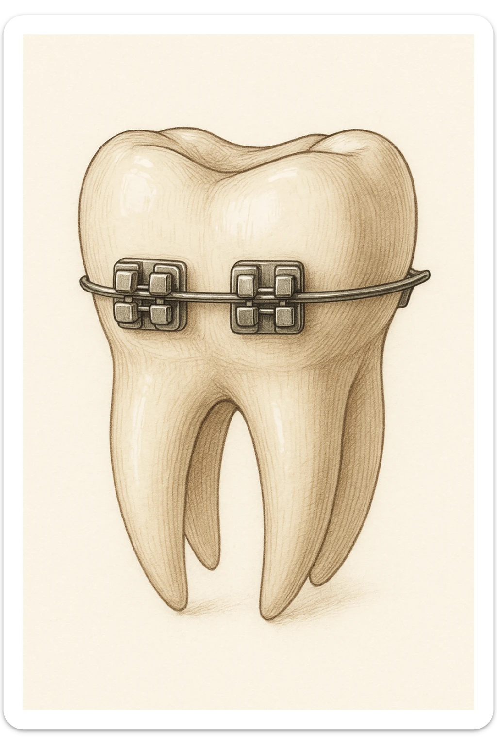 a realistic tooth with metal braces, detailed, medical illustration style sticker