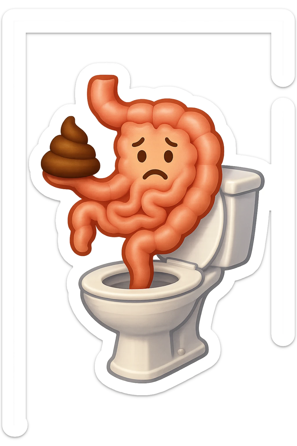 emoji stile iphone di un intestino che esce dal wc con in mano una montagnetta di feci con espressione triste a palline sticker