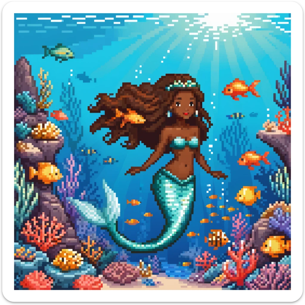 Dark brown skin beautiful mermaid princess in ocean setting with coral reef and fish sticker