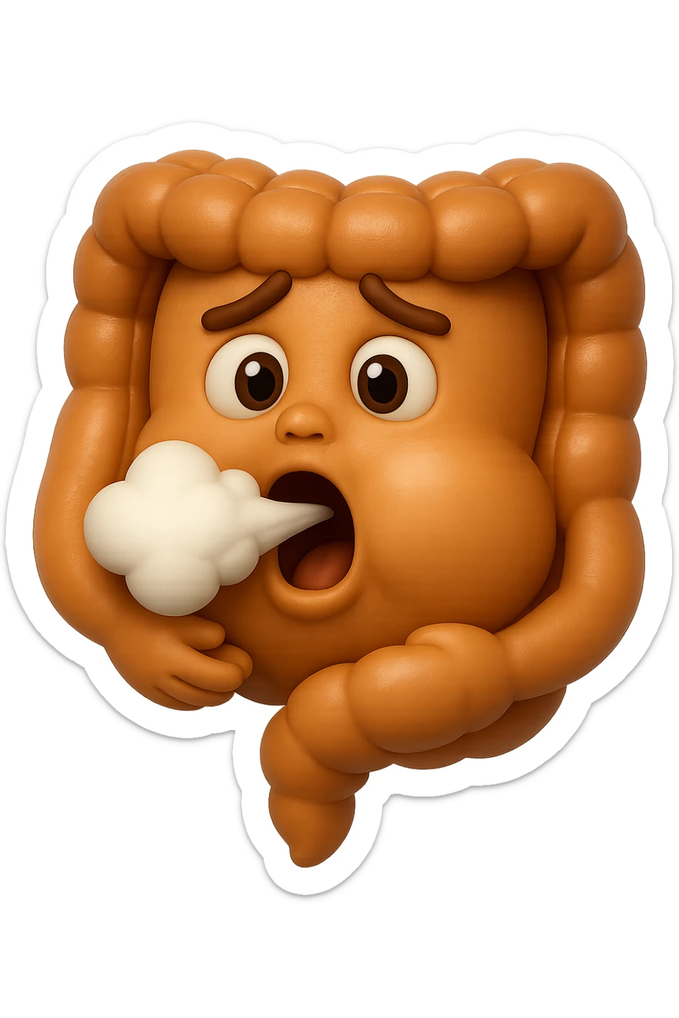 emoji stile iphone di un intestino che ingoia una nuvoletta di aria ben visibile e gli si gonfia la pancia, iperrealistico 4k sticker