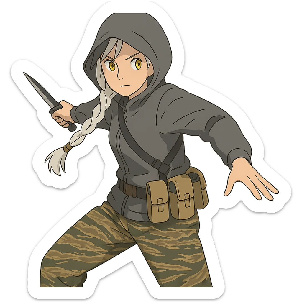 1 female, mid-20's  white hair long braid, gold yellow eyes, gray rainproof hoodie, hood up, single point sling, tan mag pouches on belt rig, tiger stripe camo pants, holding a combat blade, striking, swing sticker