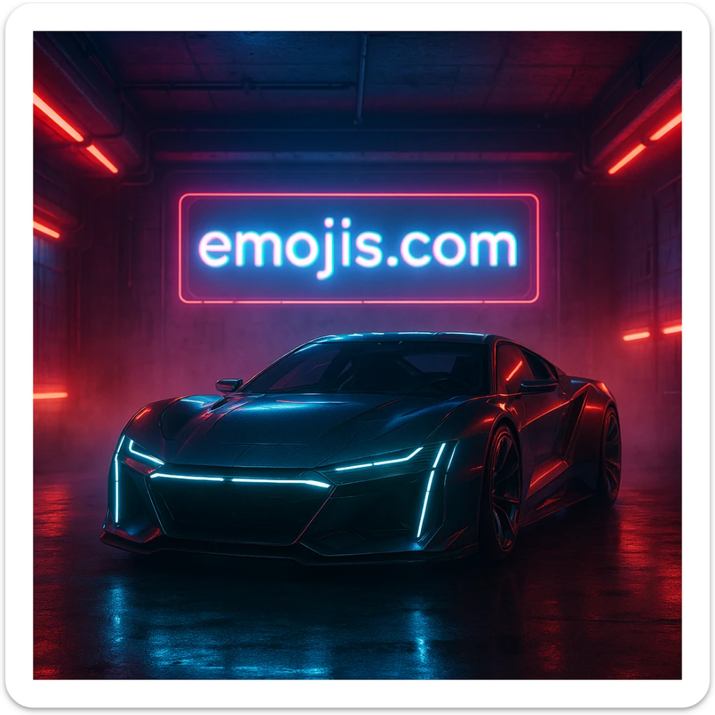 Cinematic still of a futuristic car parked front to camera inside neon garage with led behind saying "emojis.com", room fill with haze, very detailed and futuristic ,inspired by cyberpunk 2077 sticker