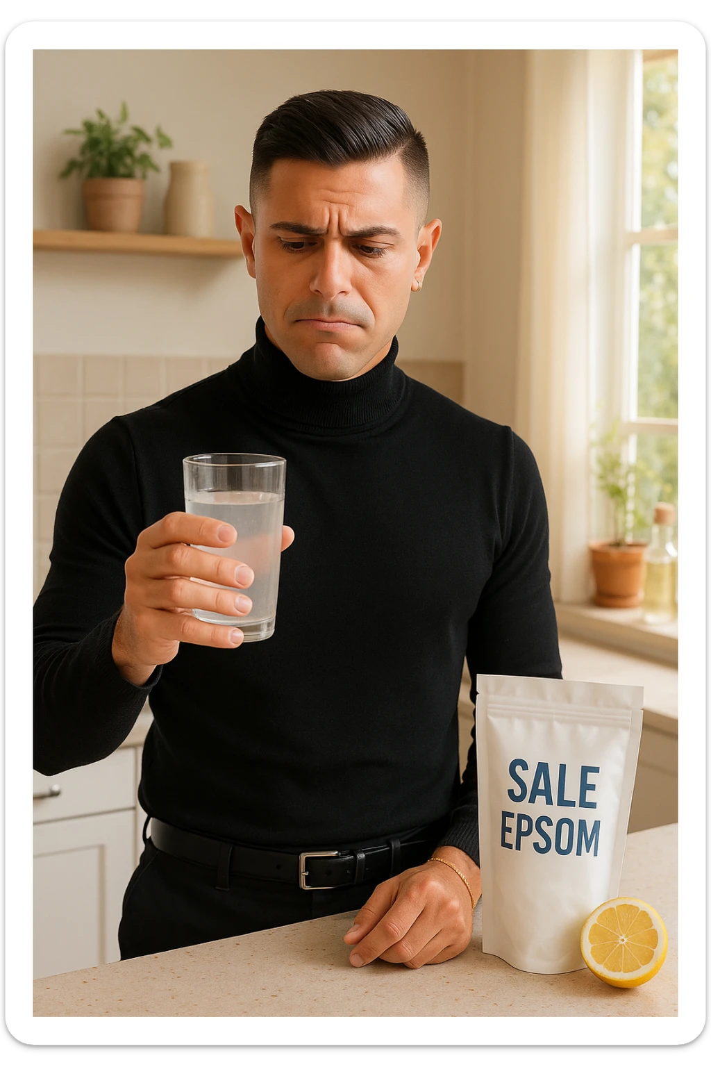 A realistic, bright photo-style image of a young man in his 30s standing in his kitchen, holding a clear glass filled with water in which Epsom salt (magnesium sulfate) has been dissolved. He looks focused but slightly uncertain as he prepares to drink it for a liver flush or digestive cleanse. The glass shows slight cloudiness from the dissolved salt. On the counter are a packet labeled 'Sale di Epsom' and a sliced lemon, suggesting he might use it to mask the taste. The setting is clean, natural, and bright with neutral tones. The background shows sunlight streaming through a window, emphasizing a clean, minimalist health-focused environment. The mood conveys a realistic, calm moment of self-care with a hint of discomfort, illustrating a natural detox practice in italiano sticker