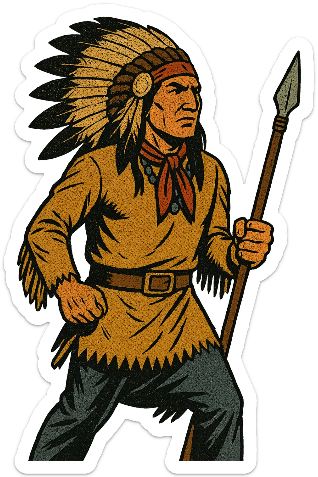 The full body of an 1860s native American chief from the American West who is looking determined sticker