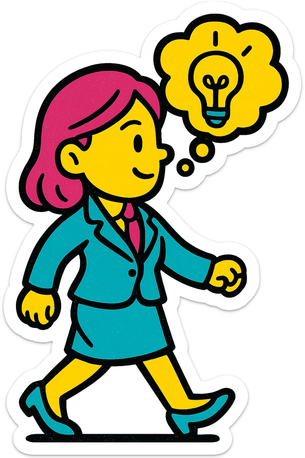 Make the businesswoman with pink hair walk to the right, keeping the idea bubble above her head, in the same pop colors style, with no background. sticker