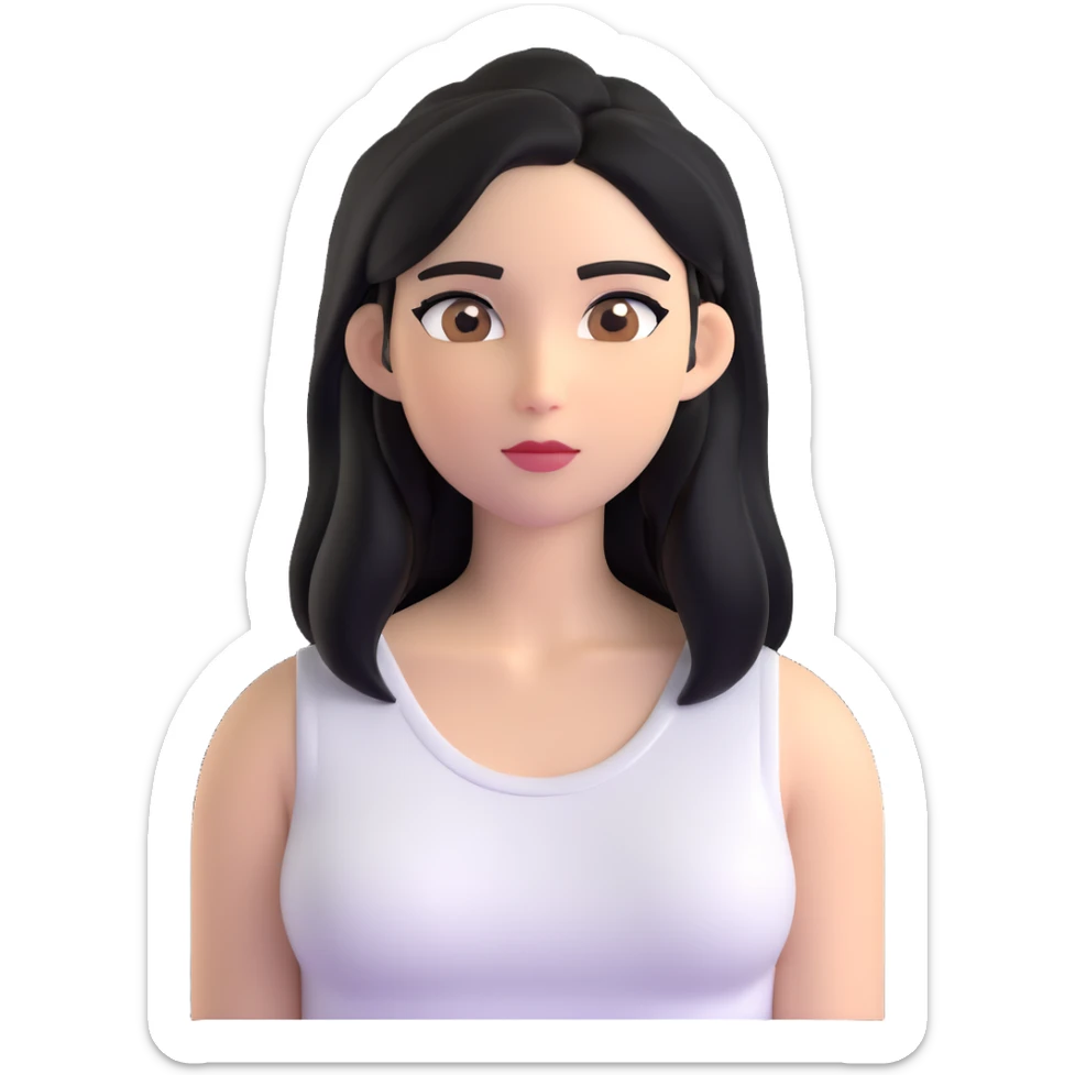 Female with straight long black hair parted in middle, beige skin, big brown eyes, natural makeup, white sleeveless top sticker