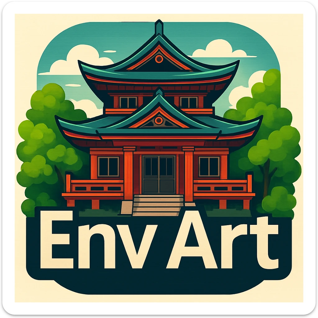 Place the words 'Env Art' in the center of the image with a detailed Shinto shrine behind the text. Create a harmonious composition with vibrant colors in a logo style. Maintain the original image's essence while adding the text prominently in the center. sticker