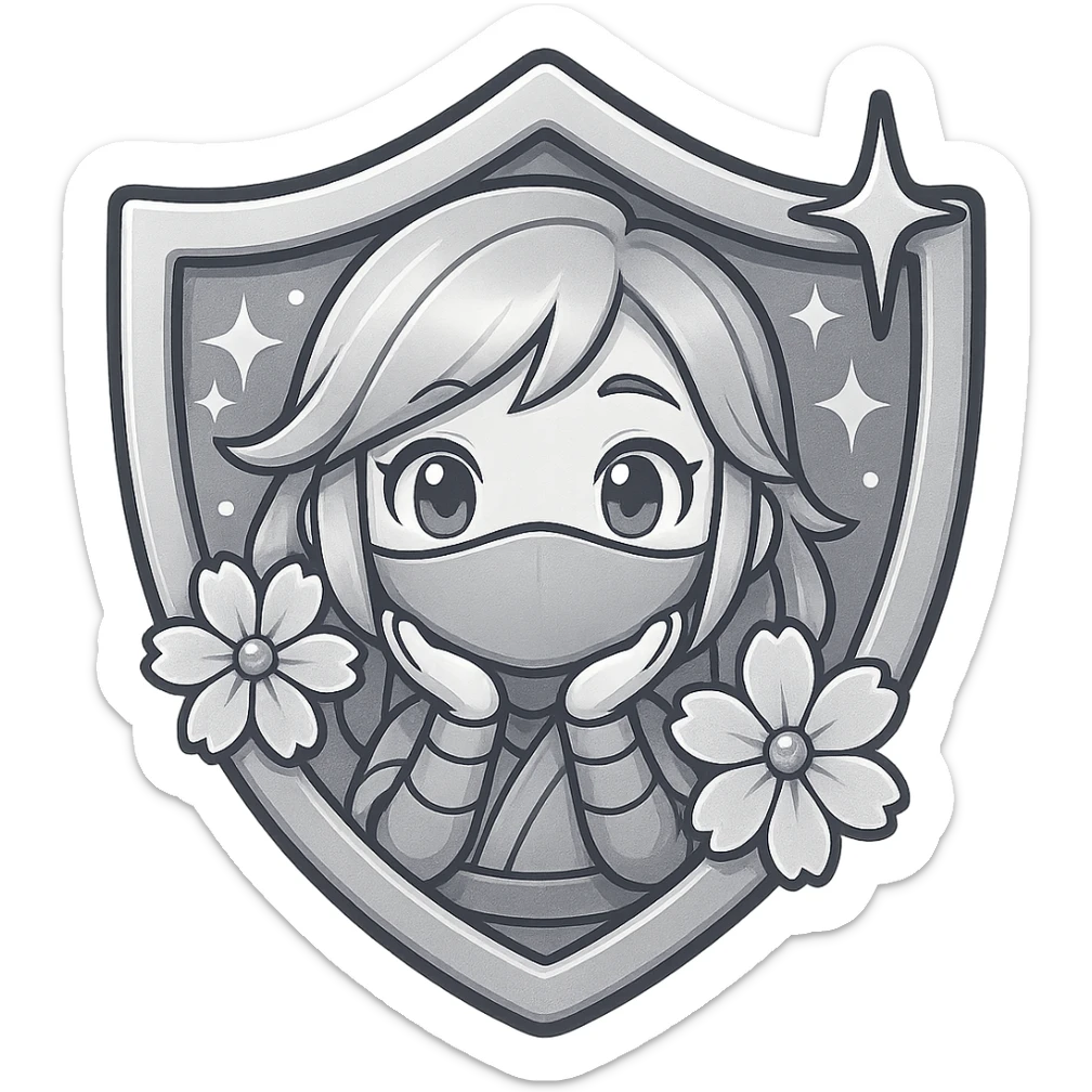 Change the badge color to silver for the Silver rank, keeping the same design of a chibi ninja girl with sakura flowers and sparkly effects, maintaining the badge shape. The image should have a transparent background and be sized for Twitch or Discord use. sticker