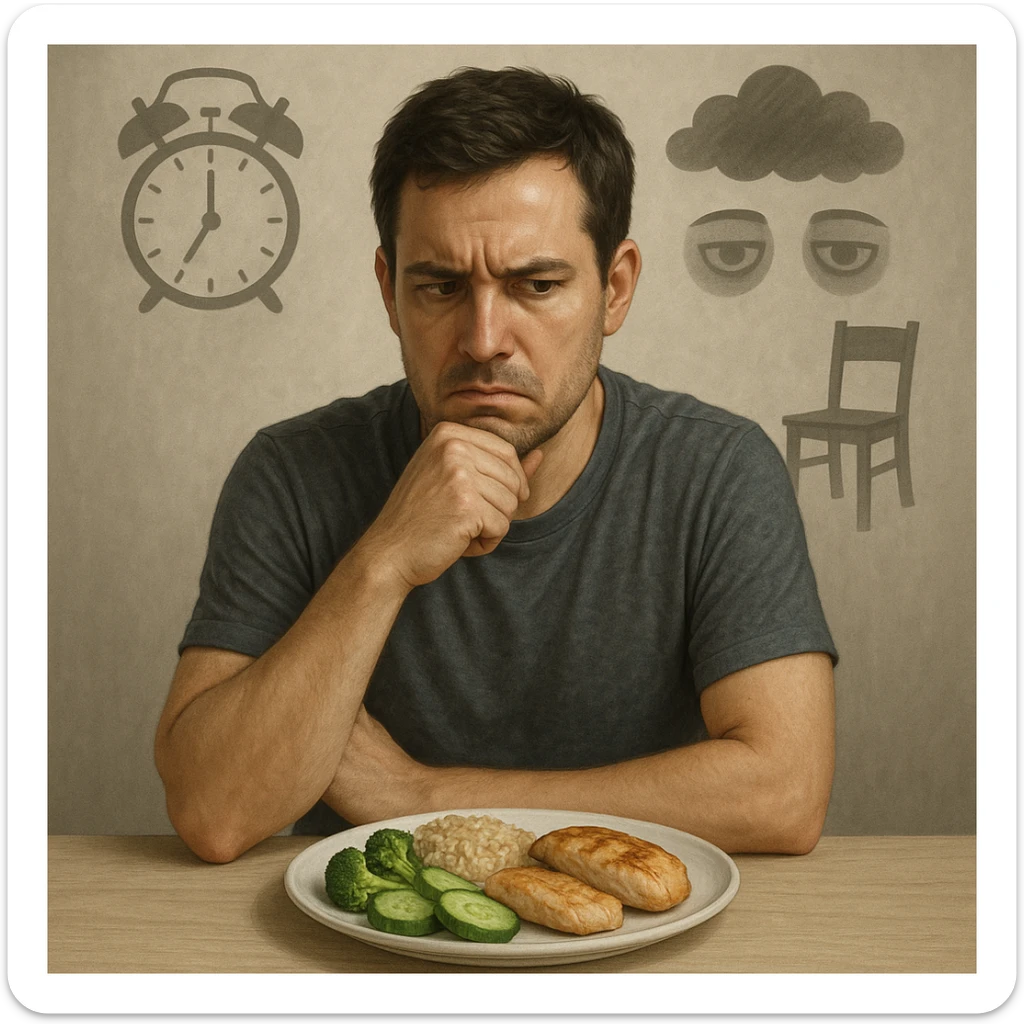 30-year-old thoughtful man sitting at a table in front of a healthy plate with vegetables, brown rice, and chicken, with a suspicious and worried expression towards the food. Behind him, transparent and blurred symbols: an alarm clock (stress), dark clouds (repressed emotions), dark circles under eyes (insomnia), and an empty chair (sedentary lifestyle). Neutral atmosphere, realistic style with a symbolic touch. sticker