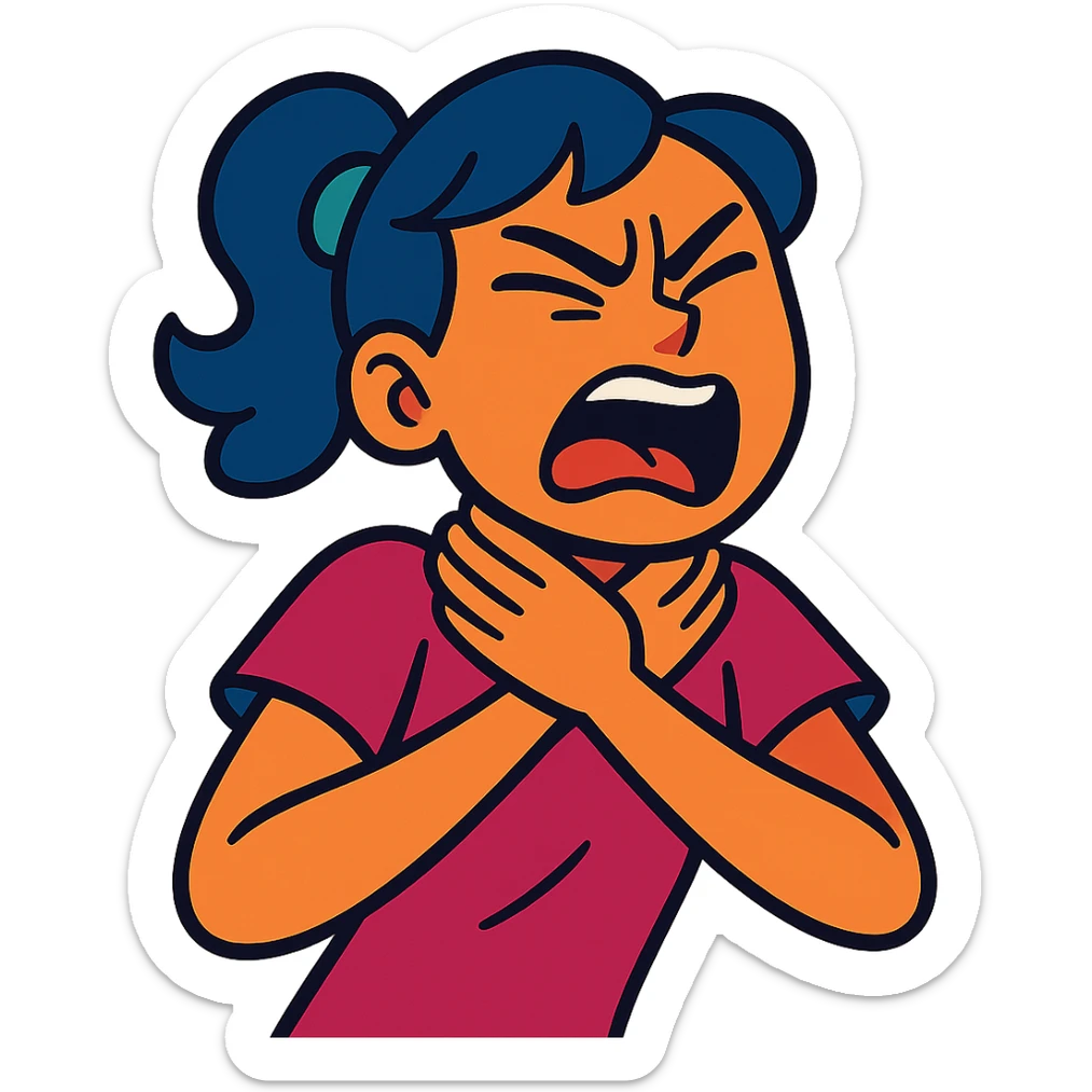 girl expressing intense emotion with hands near her neck, dramatic facial expression, vibrant toon style sticker