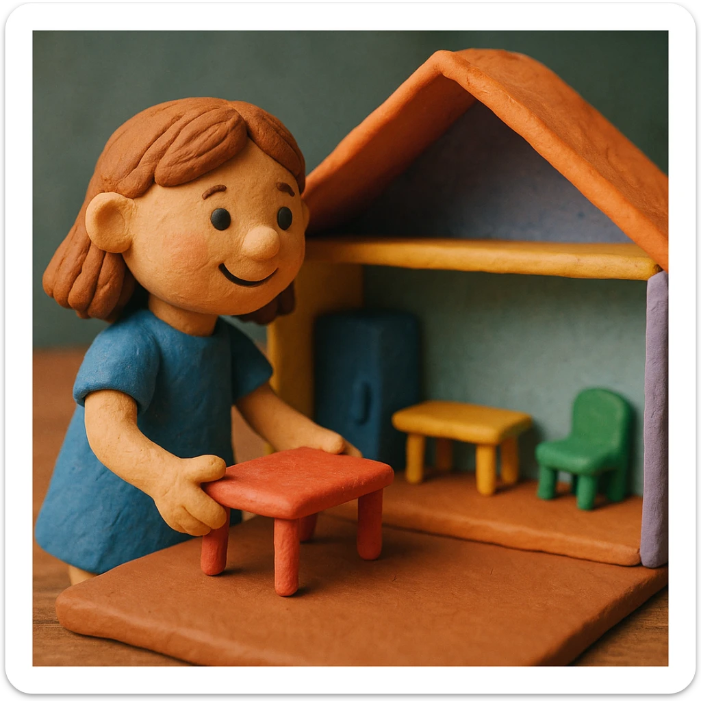 smiling girl arranging furniture in doll house sticker