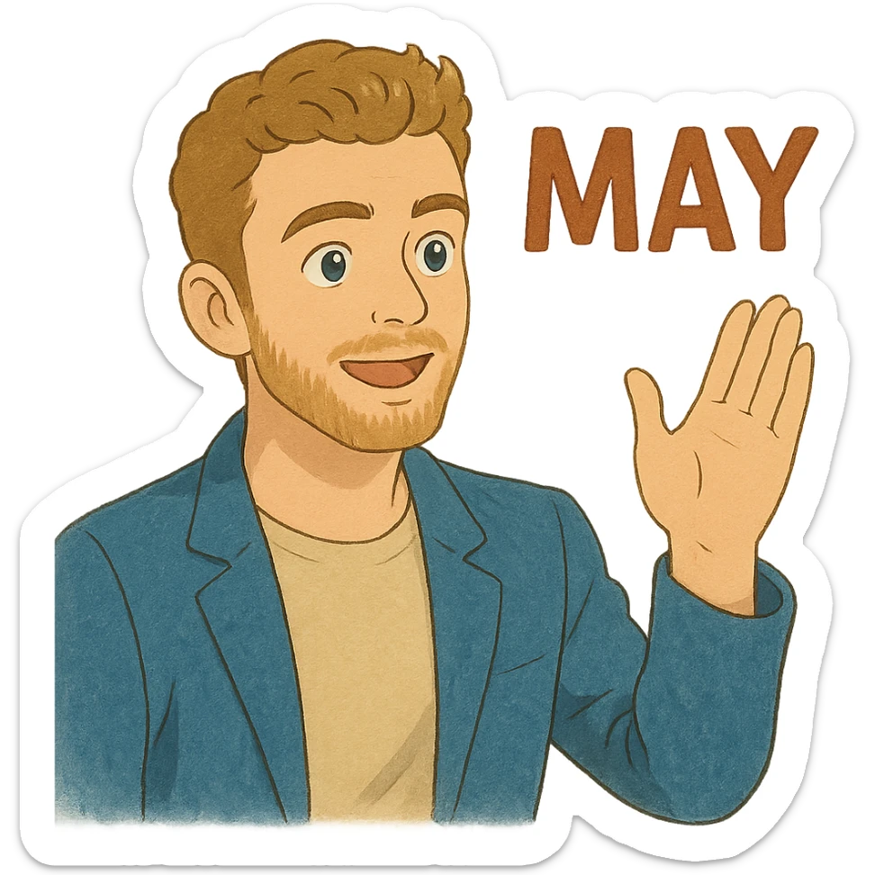 ghibli style illustration of a Justin Timberlake lookalike saying 'MAY' sticker
