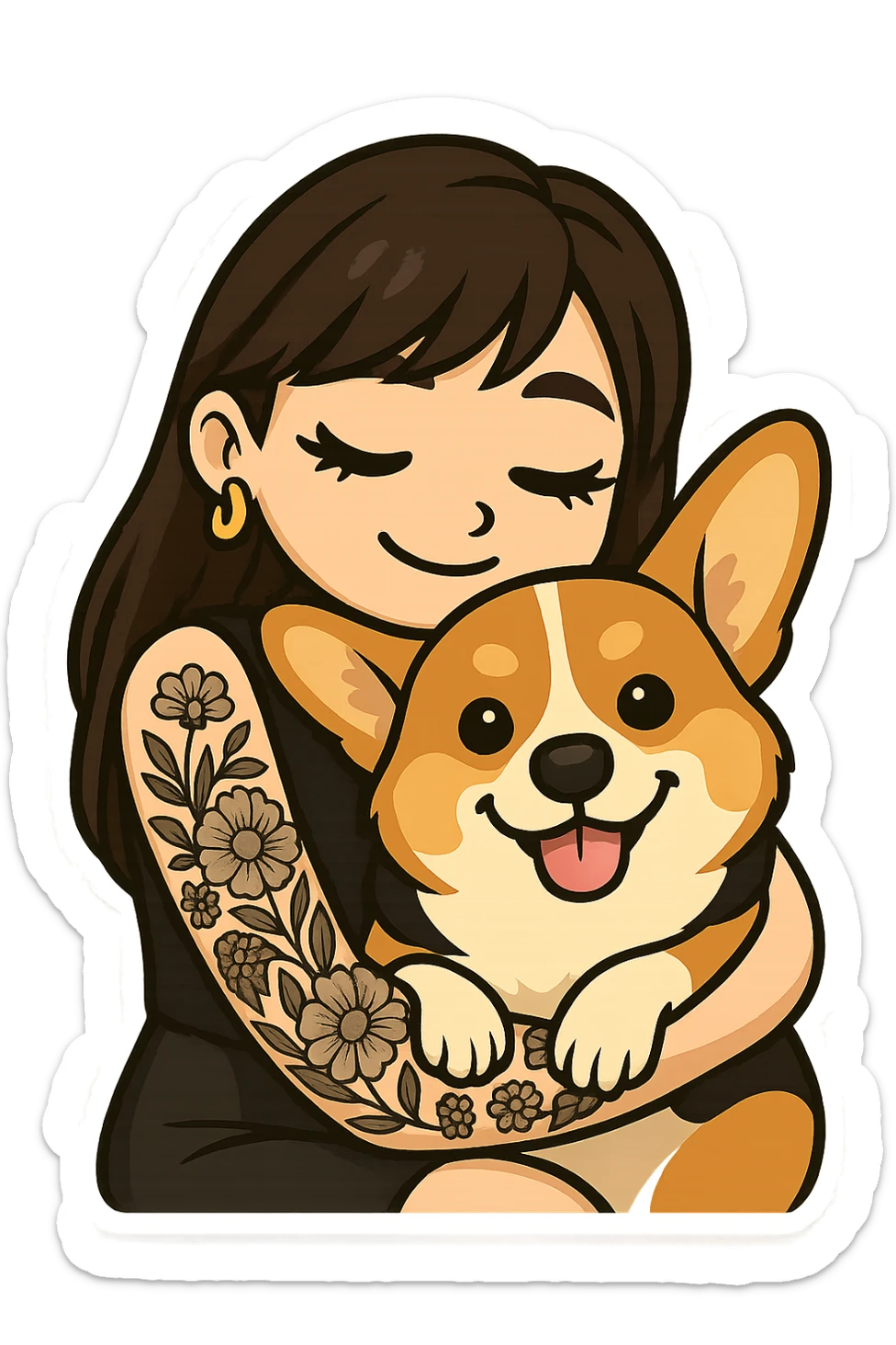 Create a single expressive emoji of an Asian girl wearing a black leather dress with gold earrings, long hair with wispy deep side bangs, false lashes, and a 3/4 sleeve tattoo on her left arm. She is hugging a happy red head tri-color corgi. The emoji should be simplified, clear, and emoji-like with a transparent background. sticker