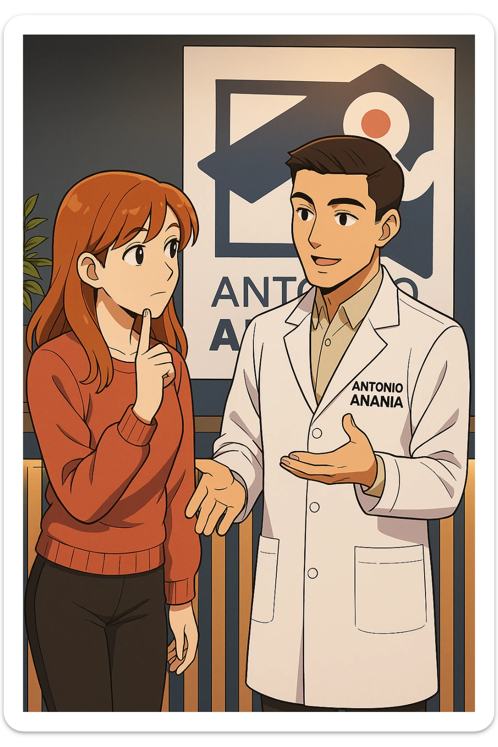 su questo stile fai un manga/webtoon a colori in cui una donna SI TOCCA IL MENTO MENTRE FA UNA DOMANDA ALL'UOMO, l'uomo della foto in stile manga LE SPIEGA CHE DEVE PROVARE LA SUA VALUTAZIONE MEDICA, mantieni un ambiente simile alla foto che ho allegato con il suo logo (sarebbe il suo studio, lui è un kinesiologo), scrivigli "ANTONIO ANANIA" sul camice bianco, non mettere fumetti, ma fai in modo che sembri che la donna CHIEDA E  l'uomo RISPONDA sticker