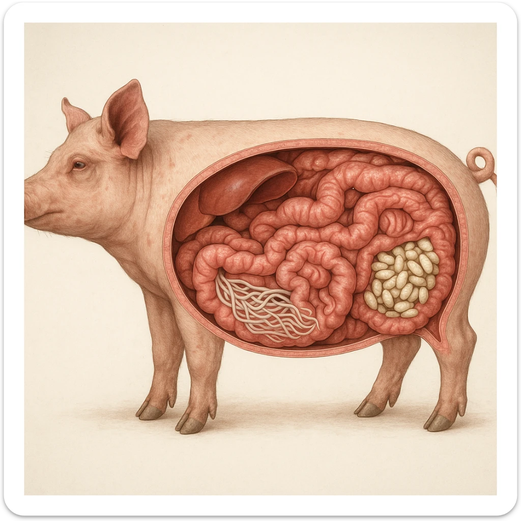 realistic illustration cross section of a pig showing intestine full of parasites white worms and larvae anatomical details clinical background 4K quality sticker