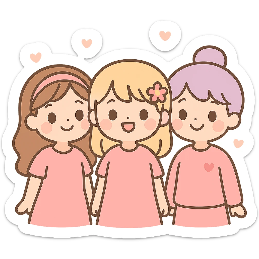 three girl best friends, cute cartoon style, top half of their bodies visible, all wearing pink, smiling, cheerful expressions sticker