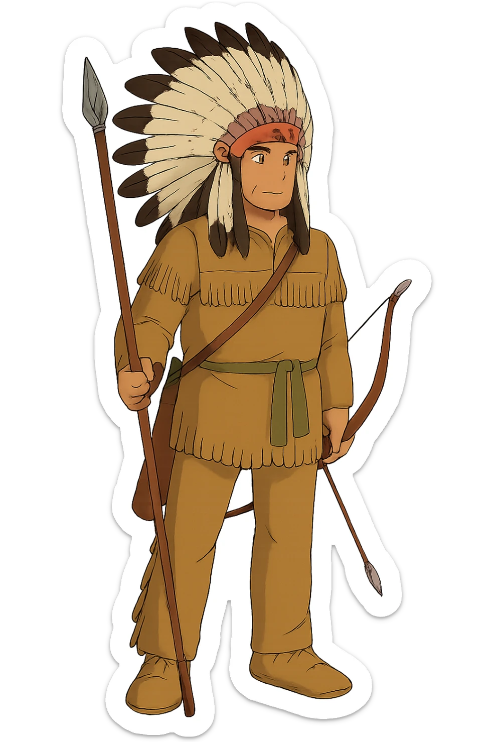 The Full body of A native American chief standing with hunting equipment and a native American head dress sticker