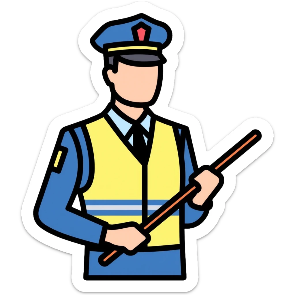 Russian traffic police officer with reflective vest, blue uniform, peaked cap, directing traffic with striped baton sticker