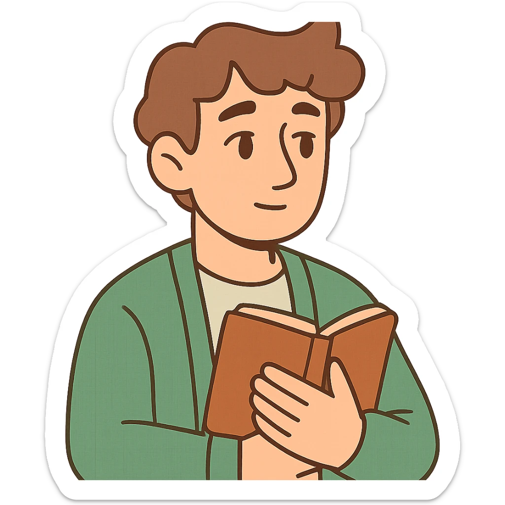 Calm and thoughtful male confidant, fair skin, soft wavy brown hair, gentle eyes, wearing a green cardigan over a light shirt, holding an open journal close to chest, waist-up, front-facing, pure background sticker